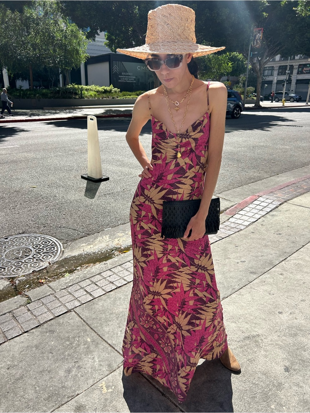 Feminine Pink & Tan Leaf-Print Maxi Slip Dress